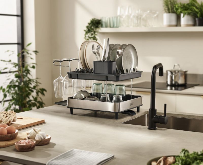 Joseph Joseph Steel 2-Tier Dish Rack: compact, space-saving design for draining dishes, wine glasses, and cutlery efficiently.