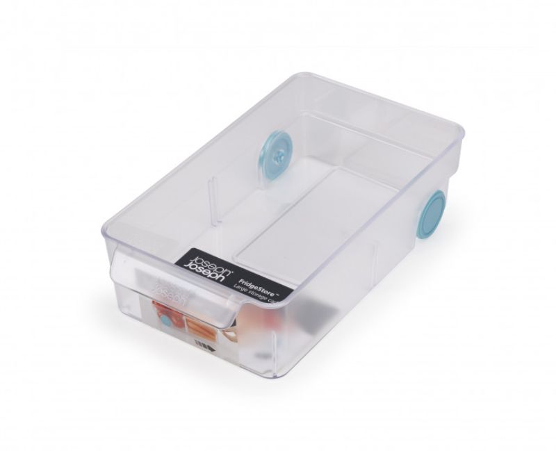 Joseph Joseph FridgeStore Large Storage drawer for organized fridge storage with smooth wheels and removable divider.