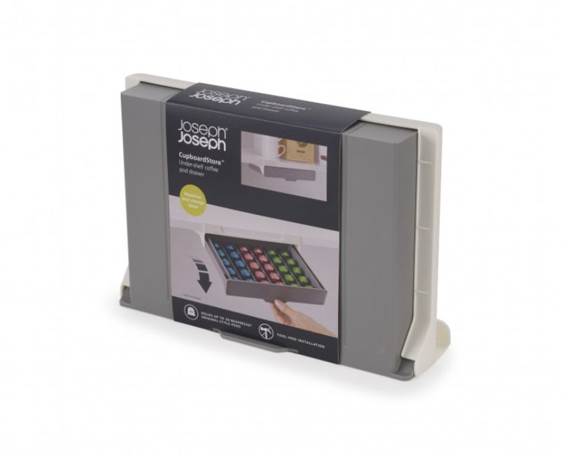 Joseph Joseph CupboardStore Coffee Pod Drawer, space-saving organizer for 30 Nespresso pods, easy installation under shelves.