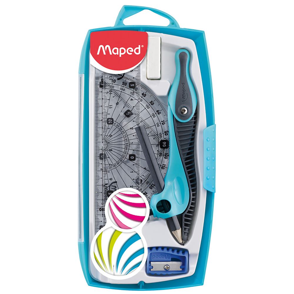 Maped Kidz Maths Set 8 Piece featuring colorful geometry tools for children, including compass, ruler, and protractor in a storage tin.