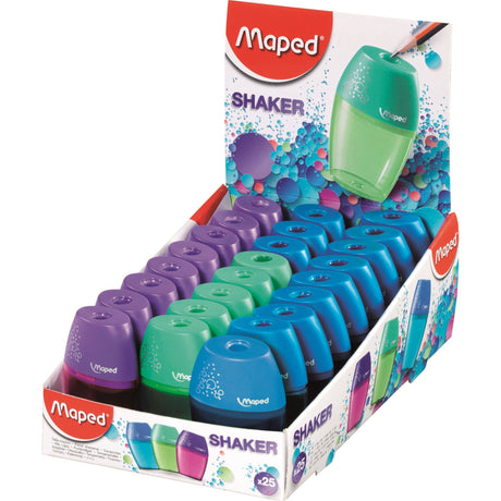 Pack of 25 Maped Shaker Pencil Sharpeners in vibrant assorted colors for quality sharpening in a compact design.