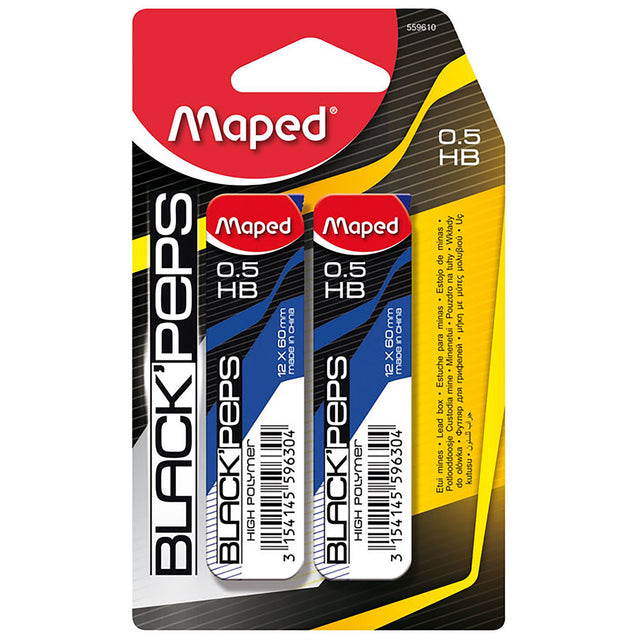 MAPED 0.5mm HB lead refills in a pack of 12, designed for smooth writing and drawing with high durability.