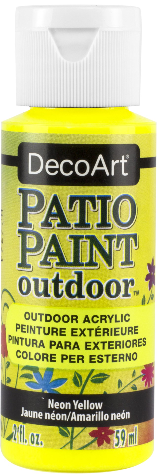 Vibrant 2oz neon yellow patio paint for creative outdoor projects, offering excellent coverage and durability.