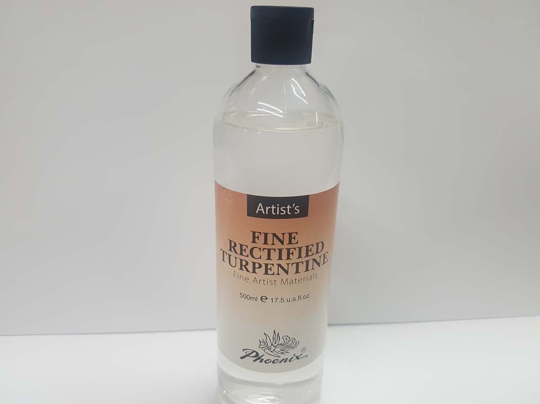 500ml bottle of PHOENIX FINE TURPENTINE, a high-quality solvent for thinning oil paints and cleaning brushes.