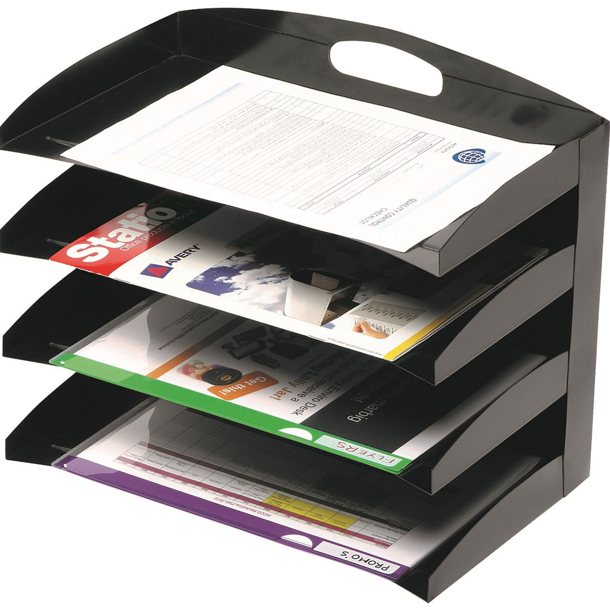 Stylish black 4-tier desktop organiser for A4 documents, designed for efficient workspace management and durability.