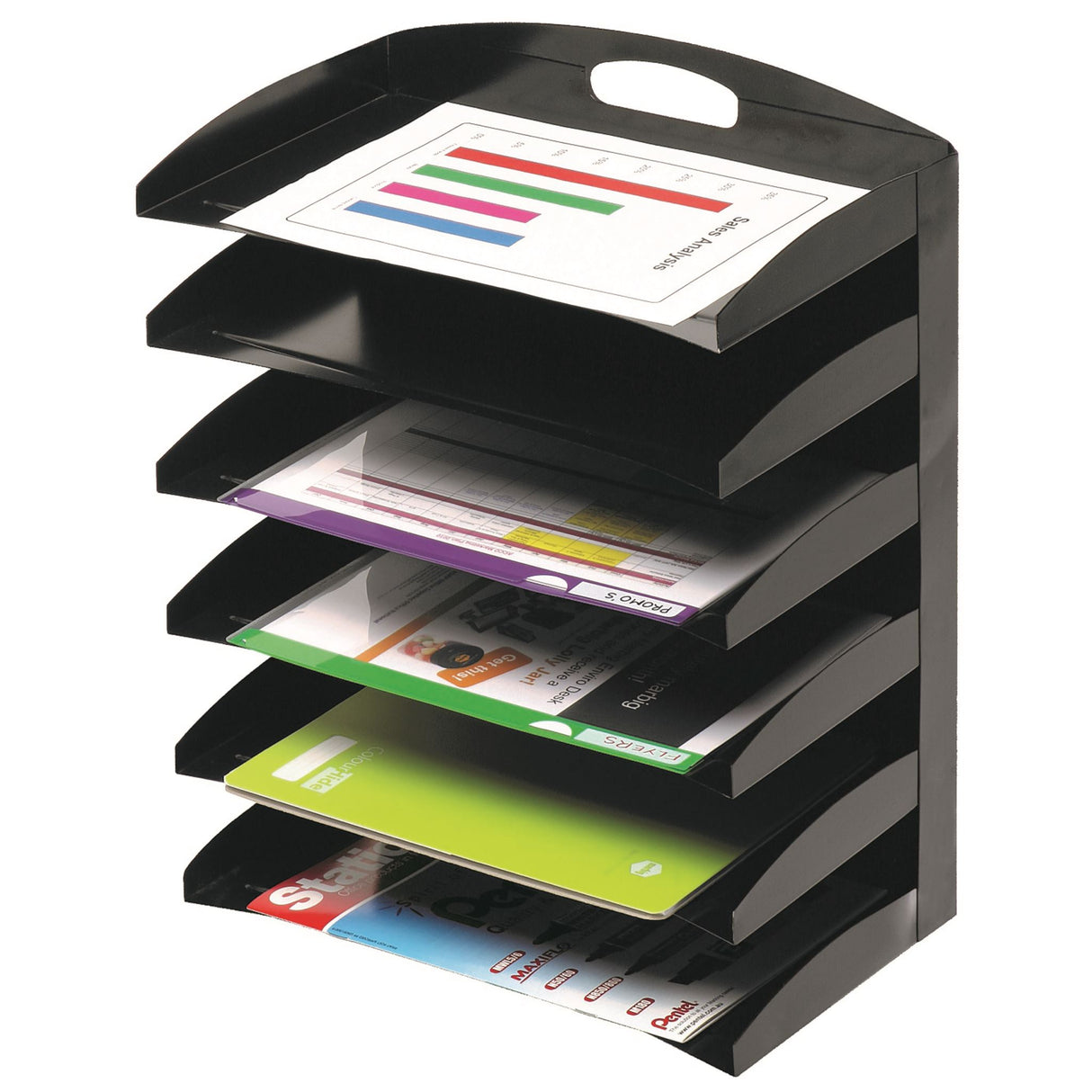 Marbig 6 Tier Desktop Organiser in sleek black for A4 and Foolscap papers, designed for durability and modern style.