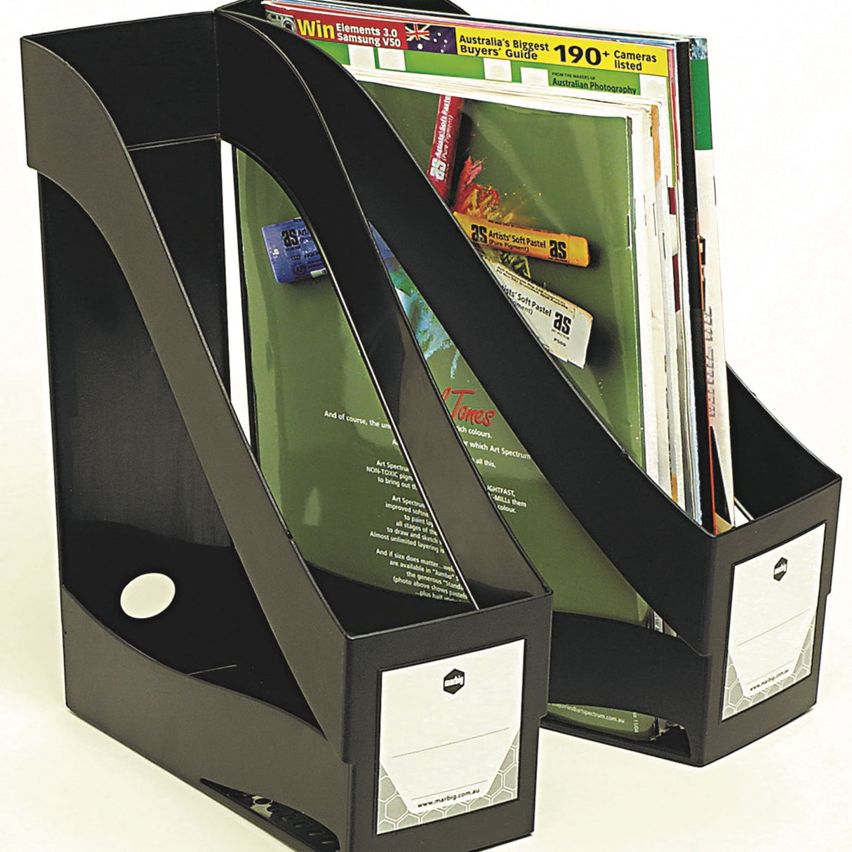 Eco-friendly Marbig Enviro Magazine Holder, perfect for organizing workspace with large ID panel and nestable design.