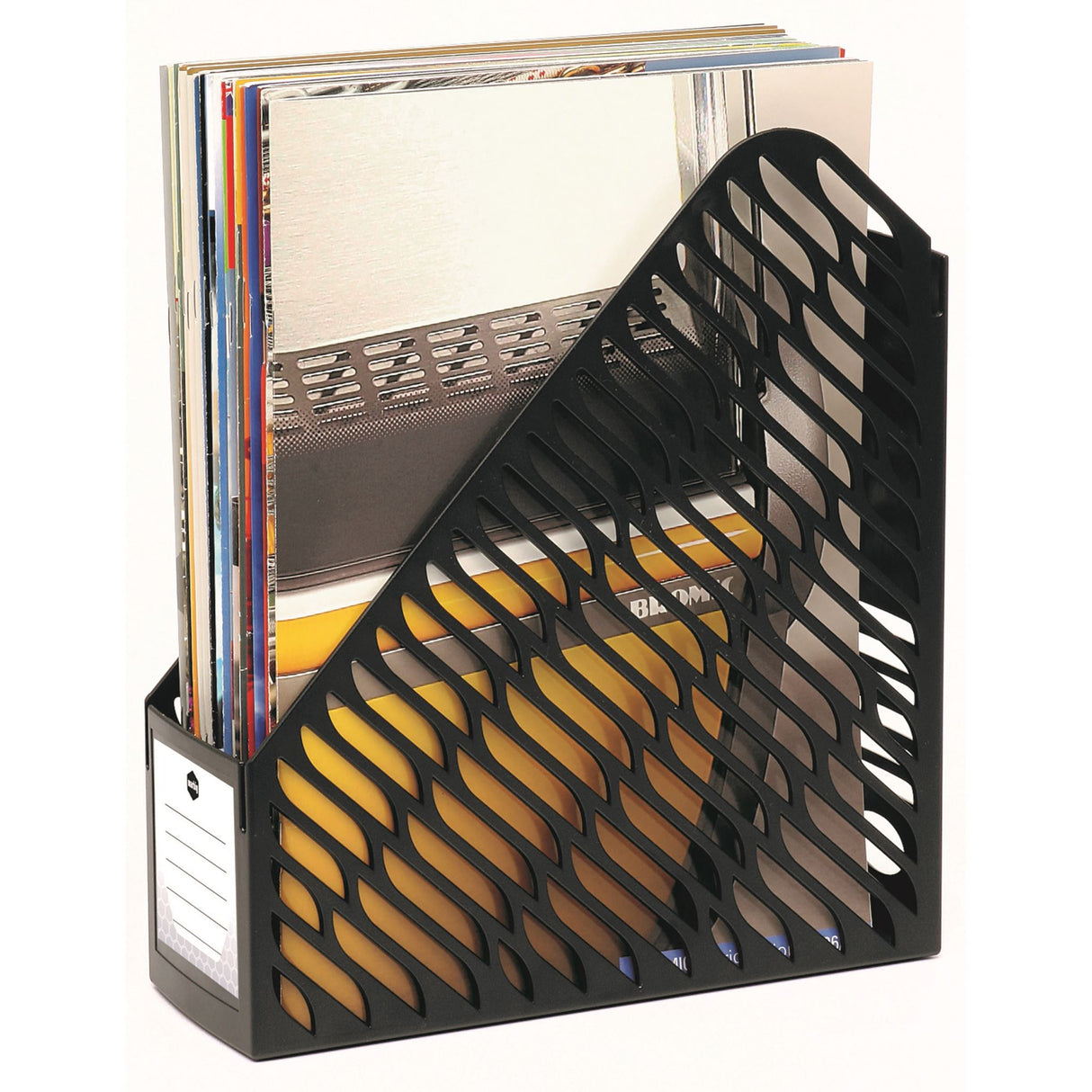 Sleek black Marbig Magazine Rack Twin Pack for organizing magazines and papers, featuring label slots for easy identification.