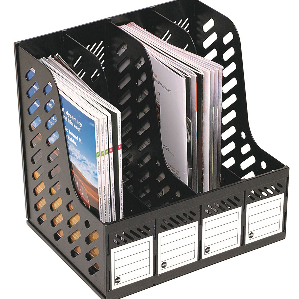 Marbig Magazine Racks with 4 spacious sections, perfect for organizing magazines and saving space at home or office.
