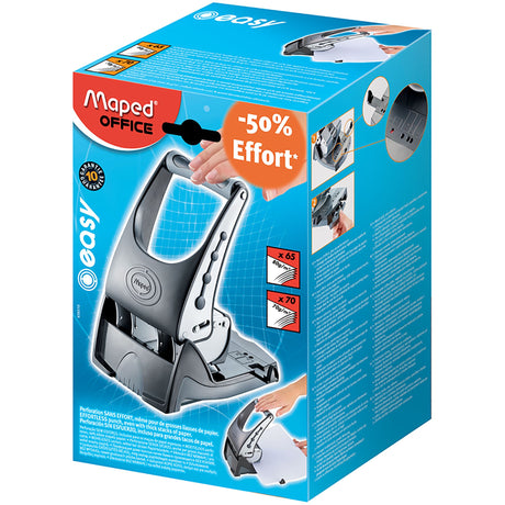 Maped Easy Punch hole punch with ergonomic handle, punches up to 65 sheets effortlessly, featuring precise centering guide.