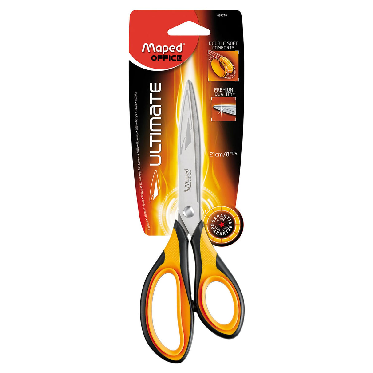 Maped Ultimate Scissor 21cm featuring ergonomic double skin handle and high carbon stainless steel blades for precision cutting.