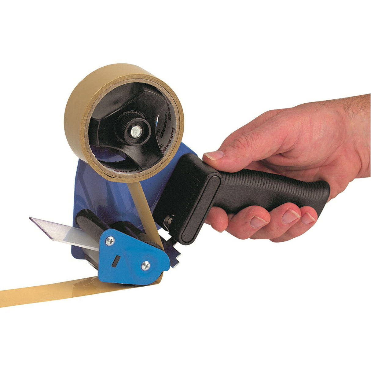 Marbig Tape Dispenser in black and blue, designed for 50mm tapes with adjustable tension for efficient cutting.