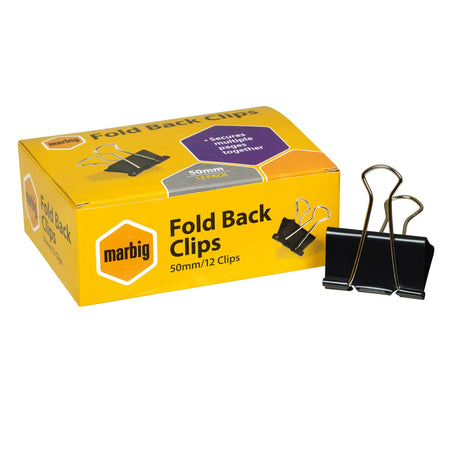 Marbig Fold Back Clips 50mm in a box of 12, ideal for securing and organizing documents without damage.
