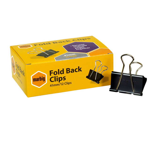 Marbig Fold Back Clips 41mm in a box of 12, perfect for organizing documents without damage or slipping.