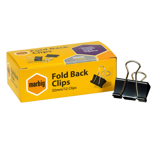 Box of 12 Marbig Fold Back Clips 32mm, ideal for organizing documents securely without damage.