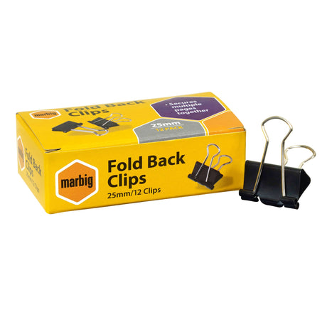 Durable Marbig 25mm fold back clips in a box of 12, ideal for securely organizing documents and reports.