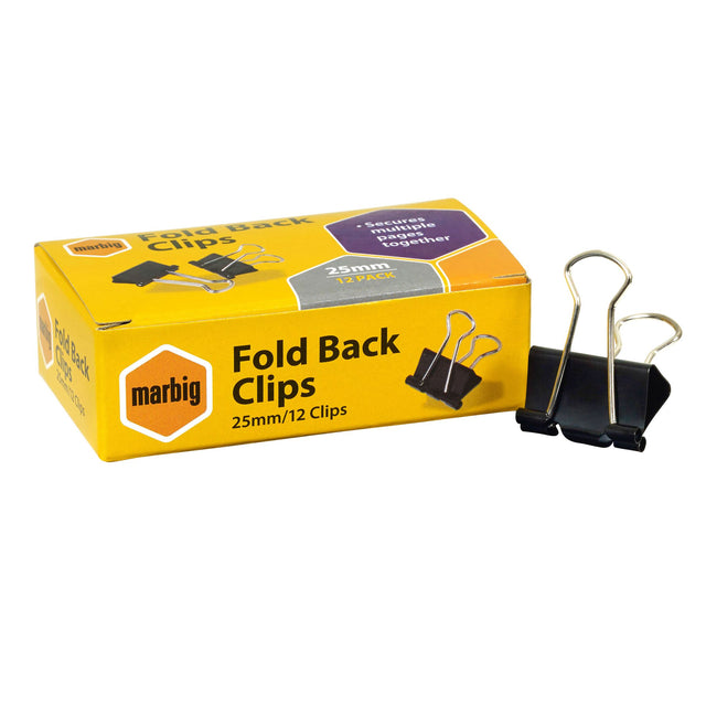 Durable Marbig 25mm fold back clips in a box of 12, ideal for securely organizing documents and reports.