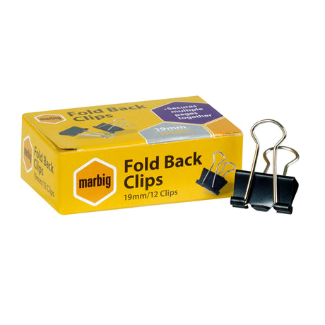 Box of 12 Marbig 19mm fold back clips, perfect for organizing papers securely in home, office, or school.