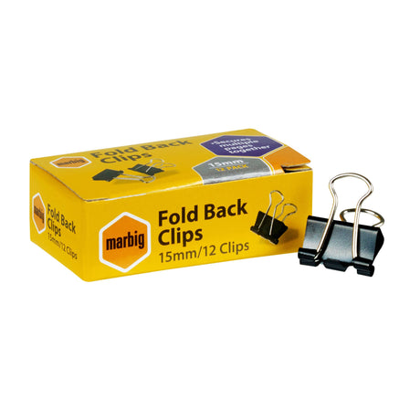 Marbig Fold Back Clips 15mm, box of 12, ideal for organizing documents without damaging them, perfect for home and office use.