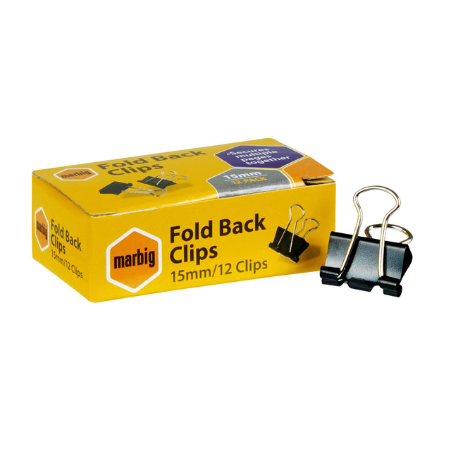 Marbig Fold Back Clips 15mm, box of 12, ideal for organizing documents without damaging them, perfect for home and office use.