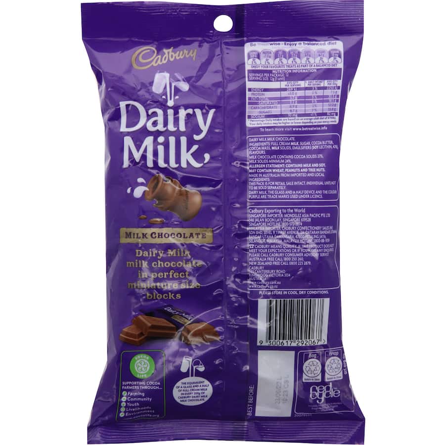 Cadbury Chocolate Sharepack Dairy Milk 144g bag 12pack