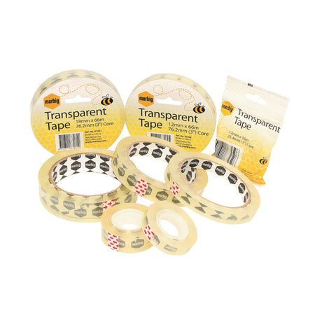 Clear Marbig office tape roll, 18mm wide, 33m long, ideal for crafts and securing documents with glossy finish.