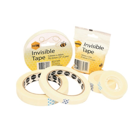 Invisible tape 18mm x 33m with strong adhesion, matte finish, ideal for crafting and organizing without visible markings.