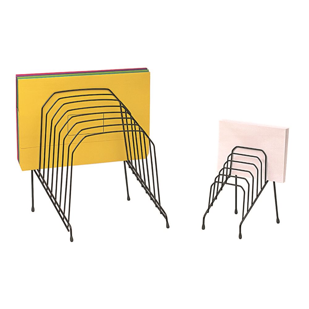 Small black file organiser with 6 graduated slots, chrome frame, and rubber feet for desk protection.