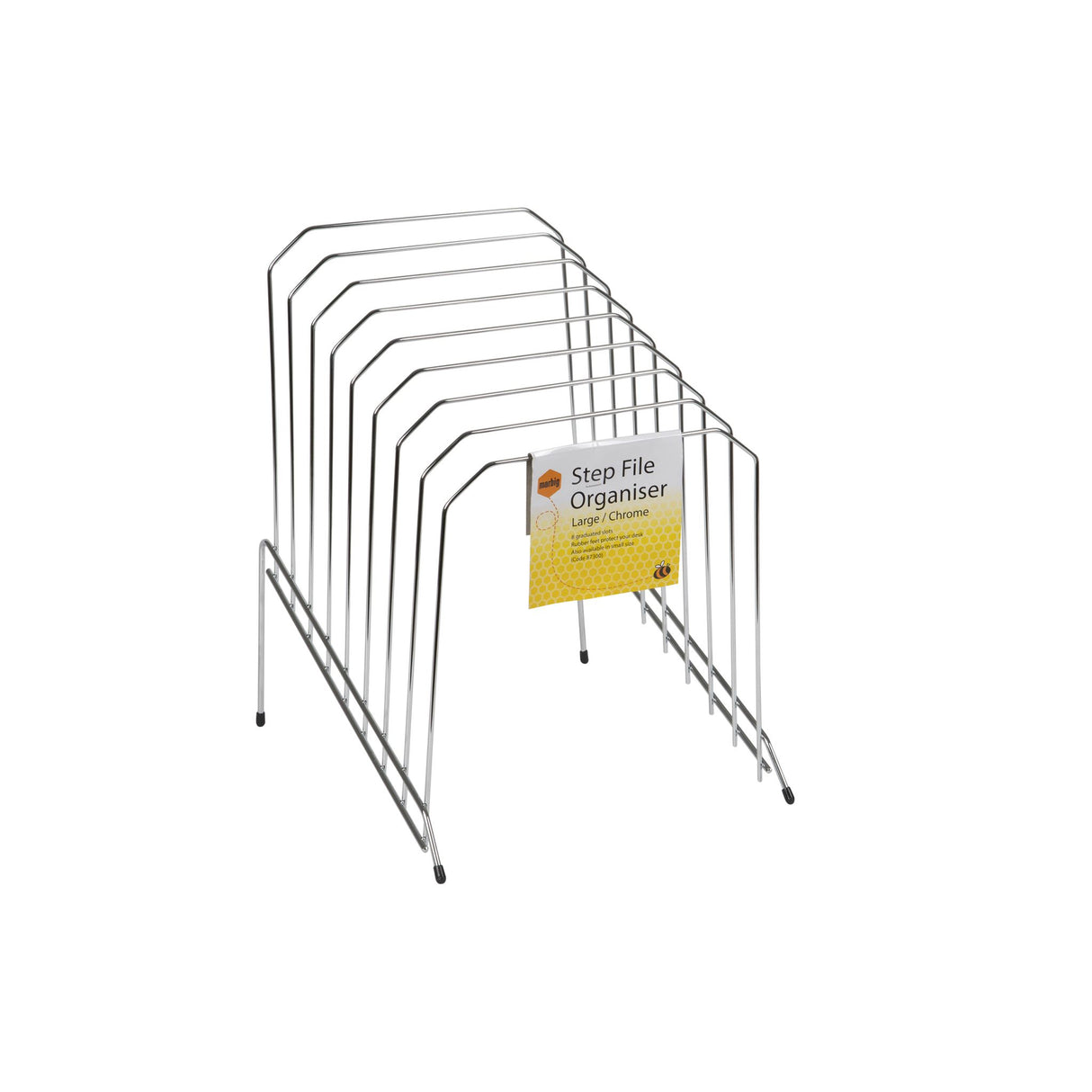 Marbig Step File Organiser in silver, features graduated slots, chrome plating, and rubber feet for a clutter-free workspace.
