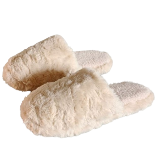 Womens Slippers Beige Fluffy Slip On Medium (Size 9-10)