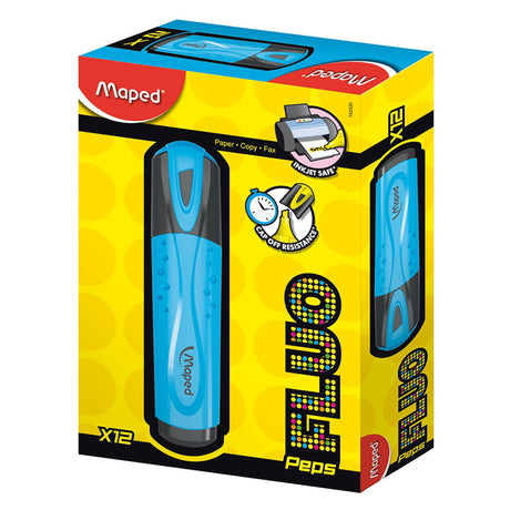 Pack of 12 blue Maped Fluo Peps highlighters featuring light-resistant ink for long-lasting, even highlighting.