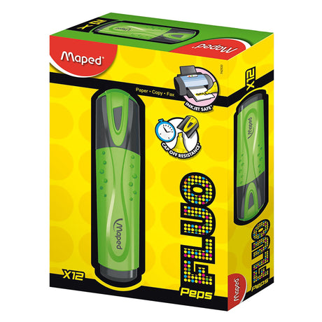 Pack of 12 vibrant green Maped Fluo Peps highlighters with light-resistant ink for clear, long-lasting highlighting.