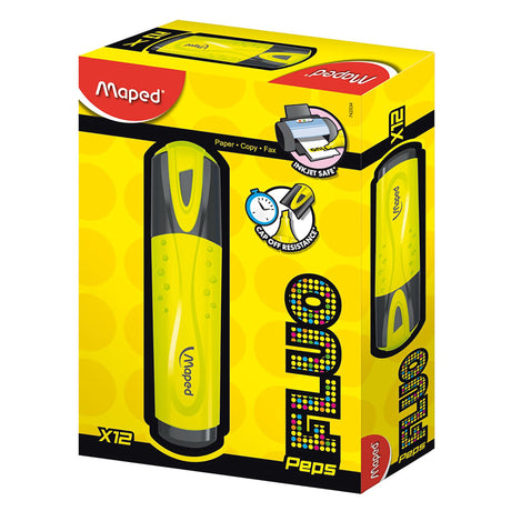 Pack of 12 Maped Fluo Peps Yellow highlighters, featuring light-resistant ink for smooth, long-lasting highlighting.