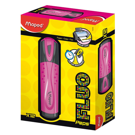 Maped Fluo Peps Highlighter in pink, 12 units, featuring vibrant light-resistant ink for precise and long-lasting highlighting.