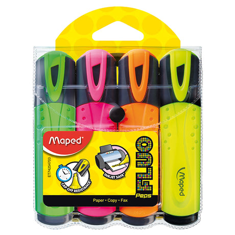 Maped Fluo Peps Highlighter Wallet 4 featuring four vibrant highlighters with light-resistant ink in assorted colors.