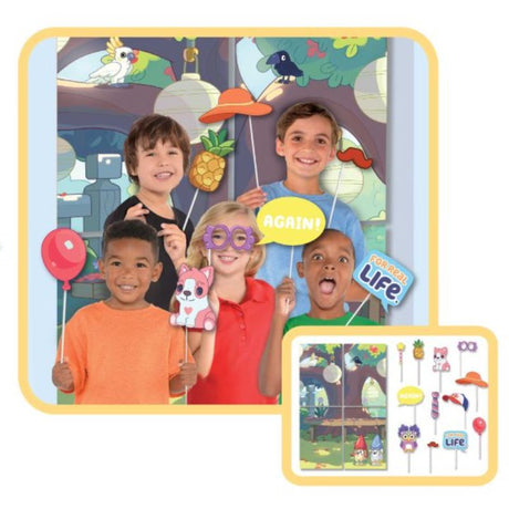 Bluey Scene Setter with 4 vibrant backdrops and 12 fun photo props for a themed children's party or gathering.
