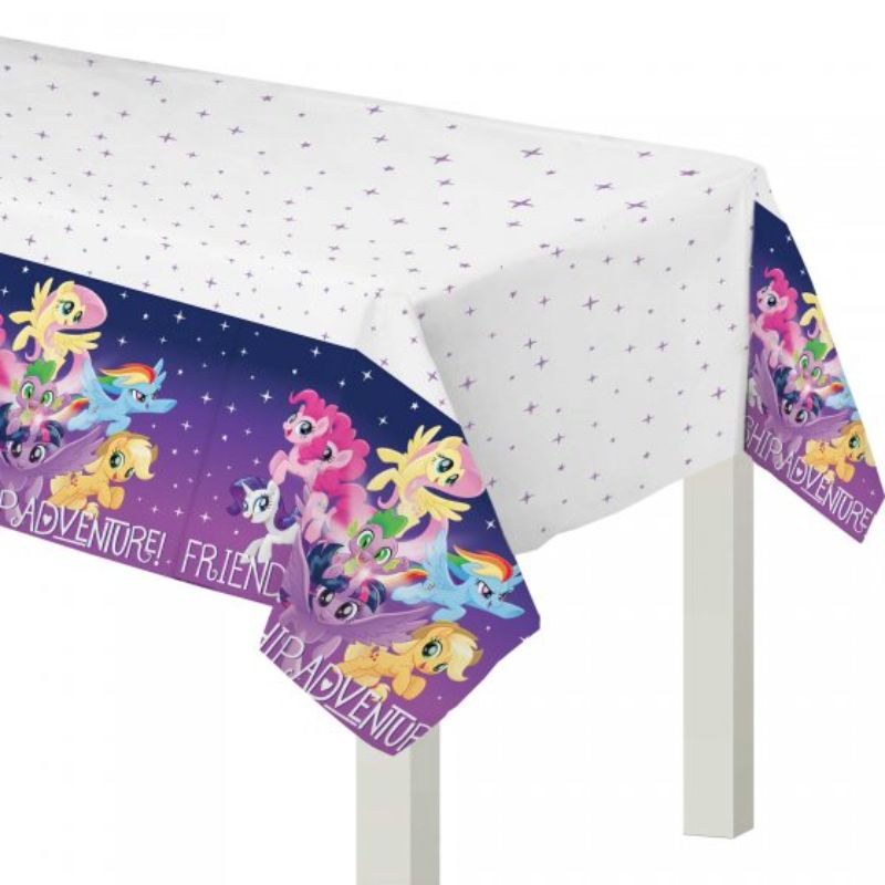 My Little Pony themed paper tablecover measuring 137cm x 243cm, perfect for friendship-themed parties.