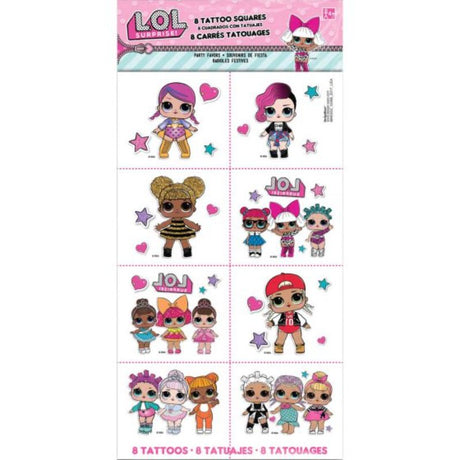 Set of 8 vibrant LOL Surprise temporary tattoos celebrating friendship and individuality for kids' creative play.