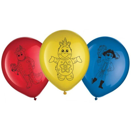 Set of 6 vibrant 30cm latex balloons featuring fun designs from The Wiggles, perfect for children's themed parties.