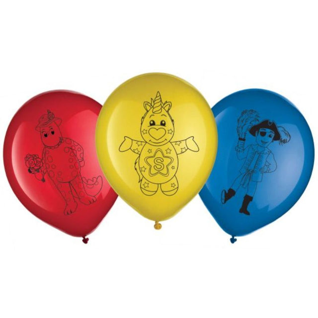Set of 6 vibrant 30cm latex balloons featuring fun designs from The Wiggles, perfect for children's themed parties.