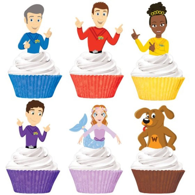 Colorful cupcake cases and themed picks from The Wiggles, perfect for kids' parties and celebrations.