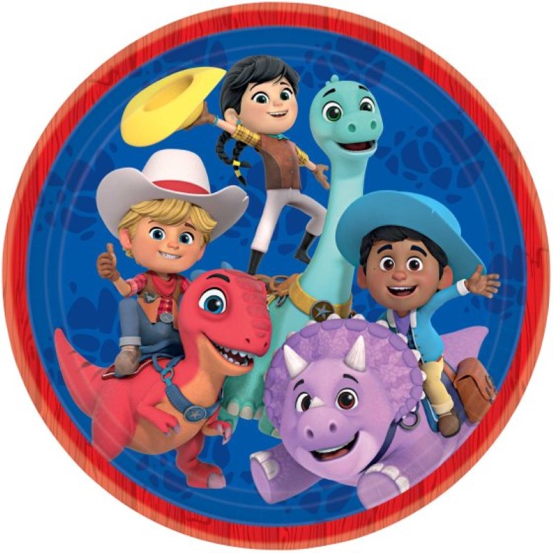 Colorful Dino Ranch paper plates, 23cm, set of 8, perfect for dinosaur-themed parties and fun mealtime experiences.
