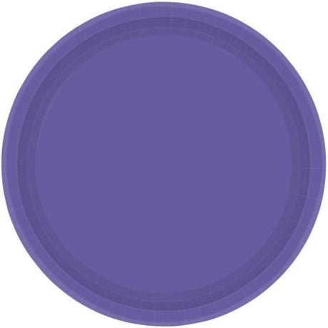 Set of 20 eco-friendly 17cm round paper plates in vibrant New Purple, perfect for stylish gatherings and sustainable dining.