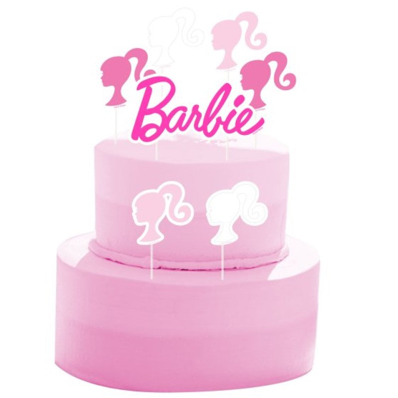 Barbie cake decorating kit with large and small toppers, perfect for themed birthday celebrations.