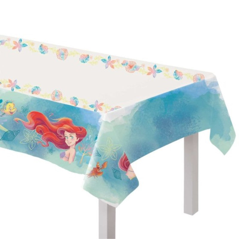 Vibrant Little Mermaid table cover featuring Ariel and ocean creatures, perfect for under-the-sea themed parties.