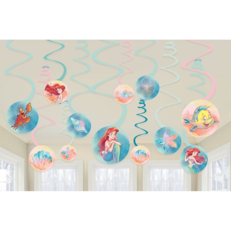 Colorful hanging decorations featuring Little Mermaid designs, perfect for under-the-sea themed parties and celebrations.