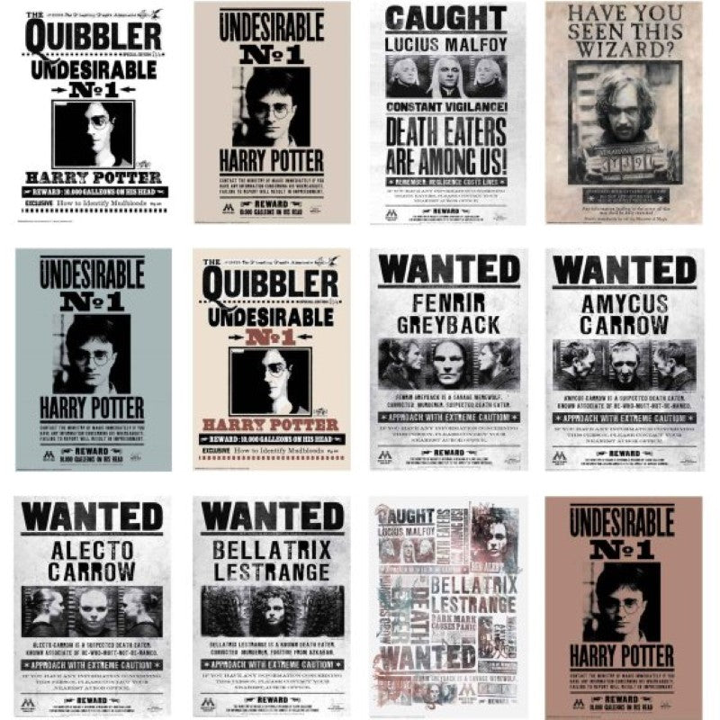 Harry Potter Wanted Poster Cutouts set of 12, perfect for themed parties and durable collectible decor for fans.