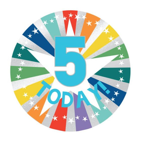 Colorful 6cm badge celebrating '5 Today!' by Amscan, perfect for birthday parties.