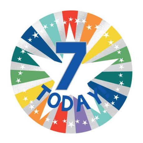 Vibrant 6cm Badge 7 Today! for parties, perfect for birthdays and celebrations, adds a festive touch to any event.