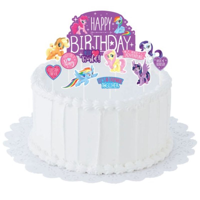 Colorful My Little Pony cake topper kit with 12 vibrant decorations, perfect for birthday or themed celebrations.